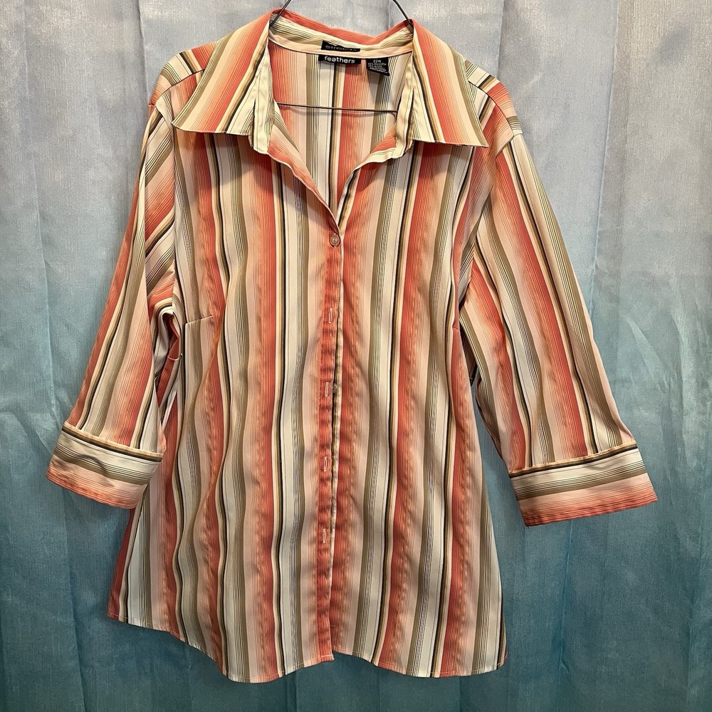 Women's Feathers‎ Stretch 22w 3/4 Sleeve Peach/Coral Stripe Blouse Top Shirt